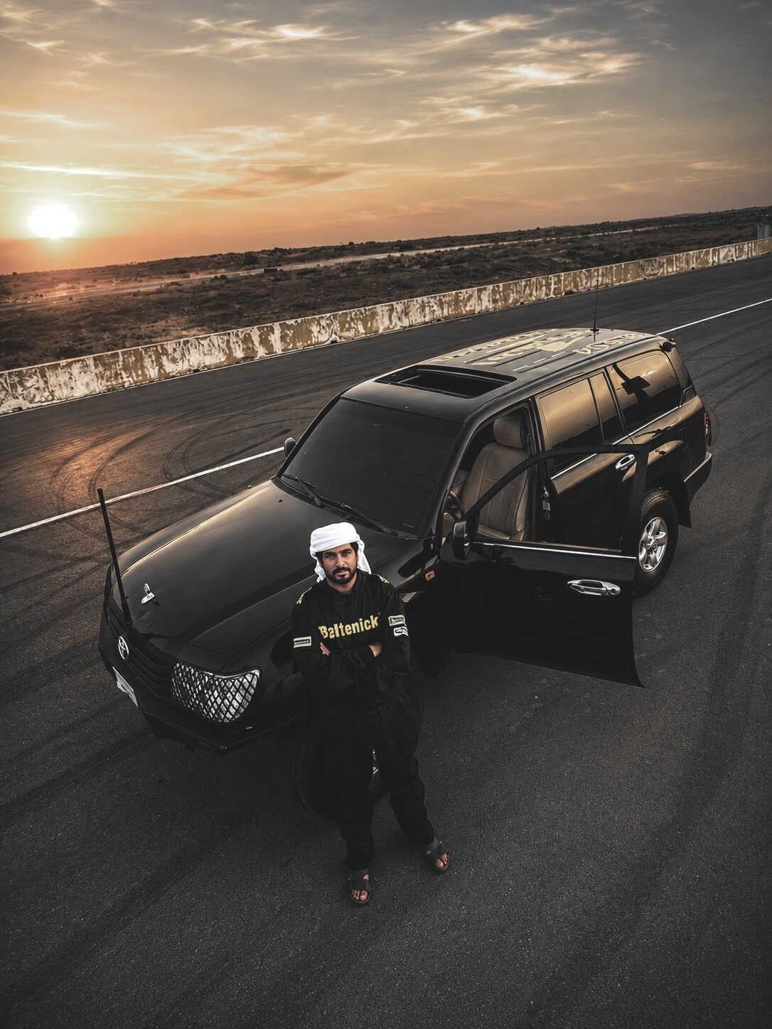 Overhead view of the closed circuit at Emirates Motorplex, Umm Al Quwain at sunset